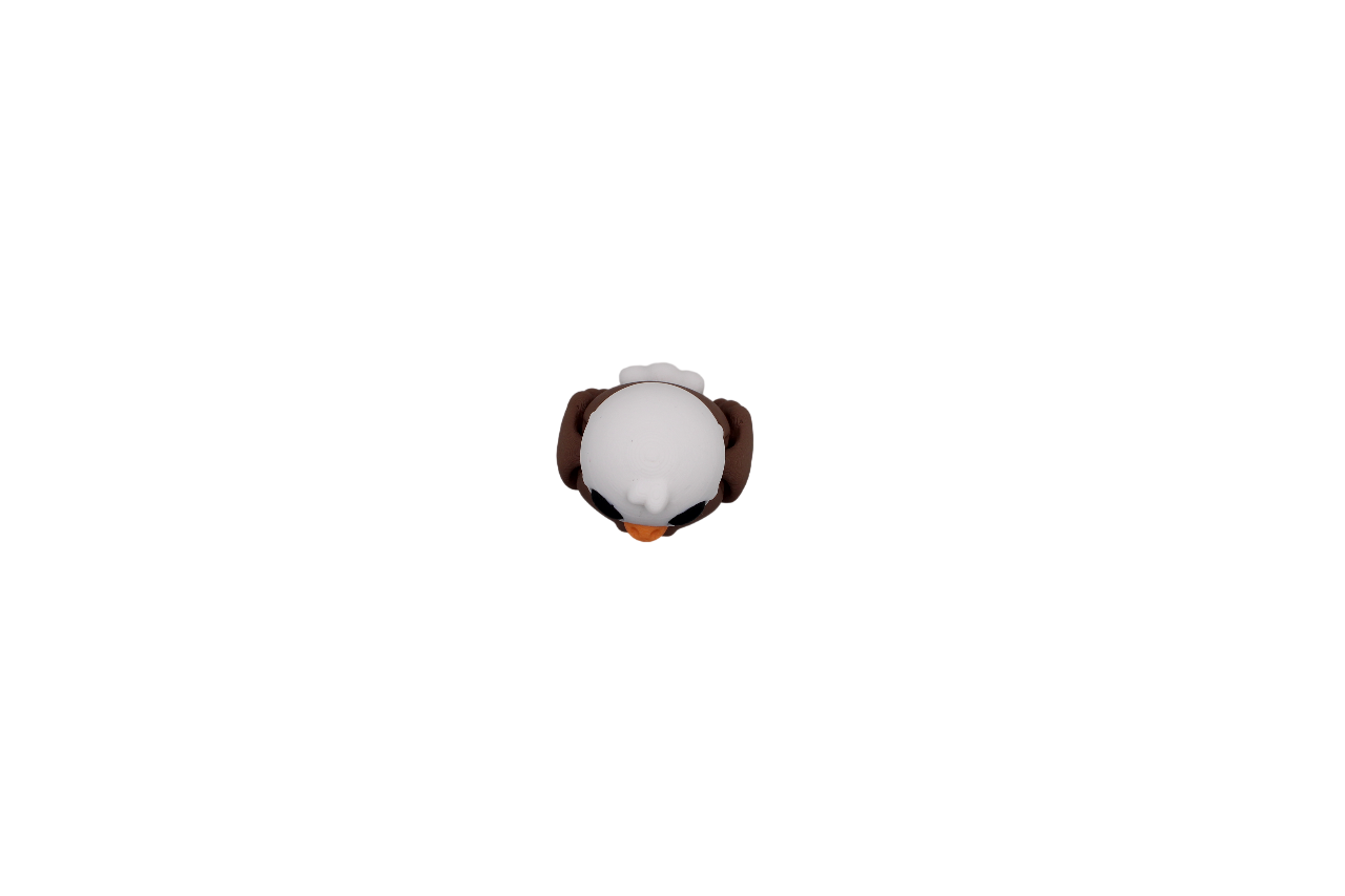 Top view of a 3D printed bald eagle flexi with a white head and brown body.