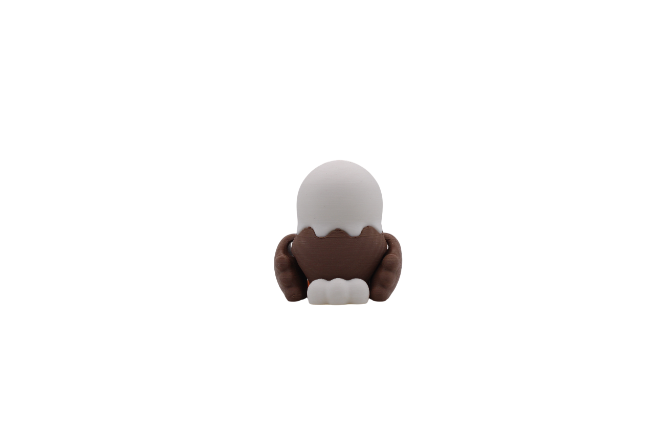 Back view of a 3D printed Eagle Flexi with a white head, brown body, and white tail feathers.