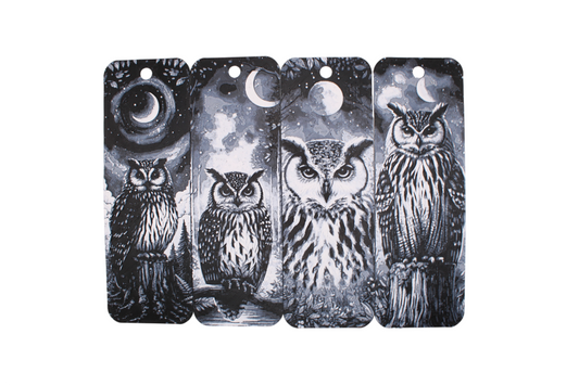 4 owl bookmarks in black gray and white