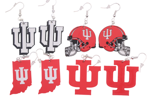 Set of Indiana University-themed earrings including letters, helmet, and state shape.