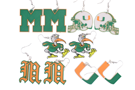 Five pairs of ultralight, nickel‑free 3D‑printed Miami earrings in mixed logo, mascot, and helmet styles.