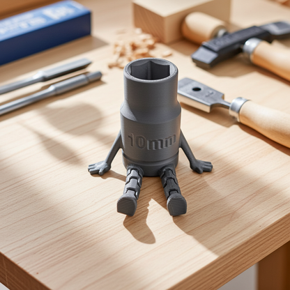 Grey 10mm Socket Buddy pencil holder with articulated arms and legs on a wooden workbench.