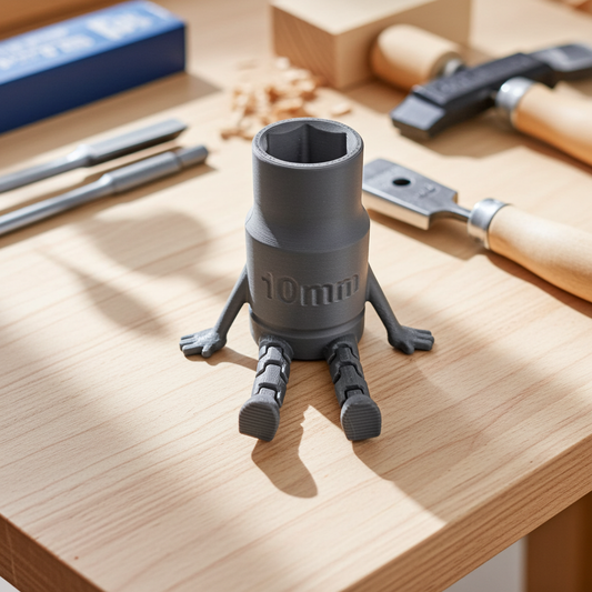 Grey 10mm Socket Buddy pencil holder with articulated arms and legs on a wooden workbench.