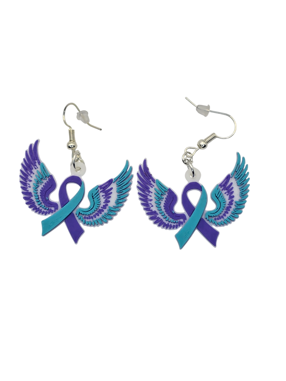 Earrings with purple and teal ribbons and wings on a white background
