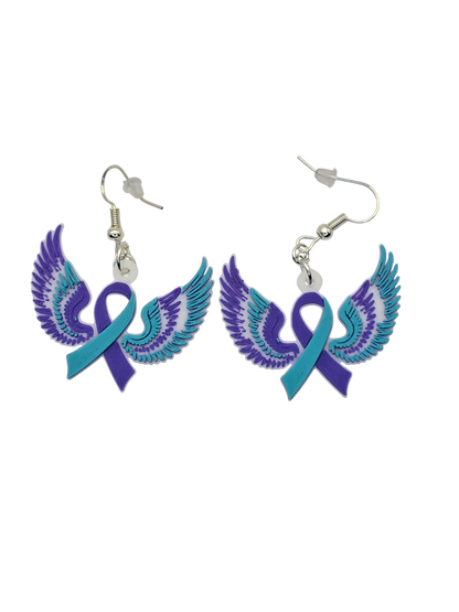 Earrings with purple and teal ribbons and wings on a white background