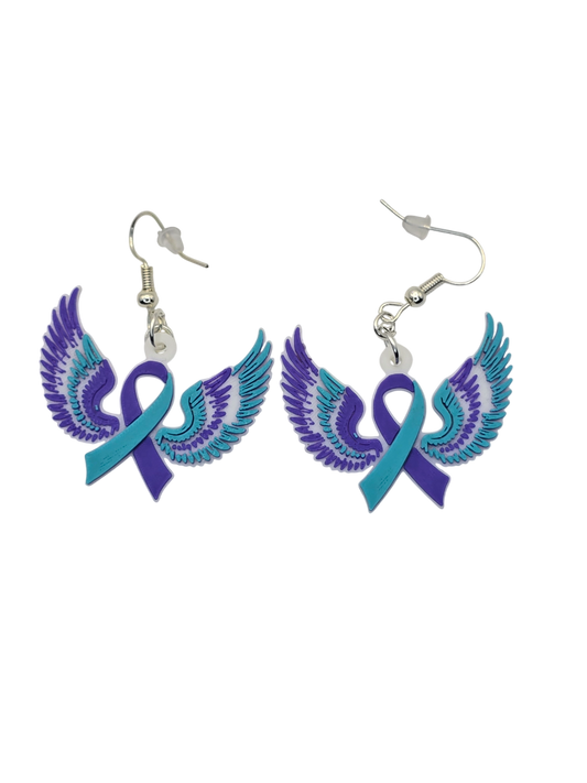 Earrings with purple and teal ribbons and wings on a white background