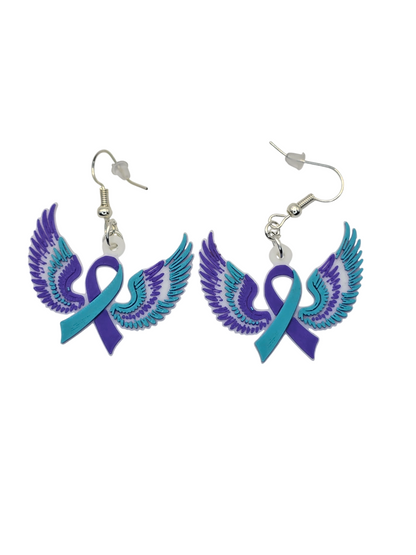 Earrings with purple and teal ribbons and wings on a white background