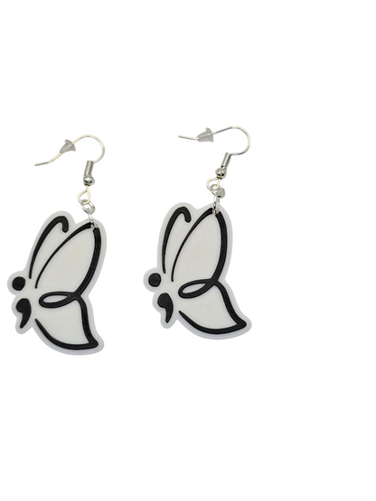 Butterfly-shaped earrings on a white background