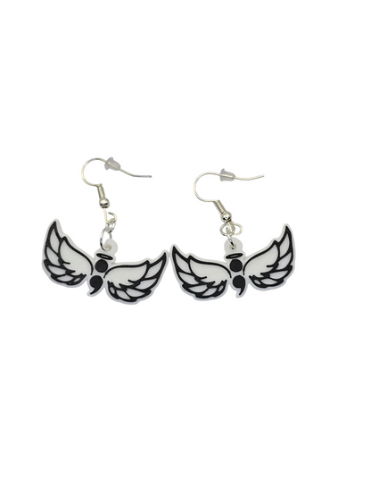 Pair of wing-shaped with a semicolon earrings on a white background