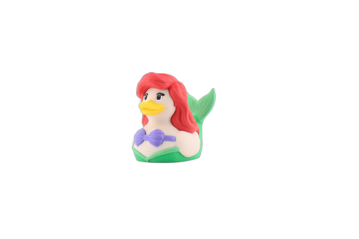 Top-down view of the 3D printed Ariel duck with red hair, green mermaid tail fin and yellow bill tip visible from above