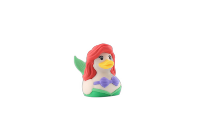 3D printed mermaid princess duck facing forward, red hair, purple seashell top and green tail base on a white background