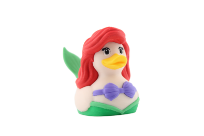 3D printed Ariel duck figurine front view with flowing red hair, yellow bill, purple shell top and green mermaid tail, by Erratically Eccentric Creations
