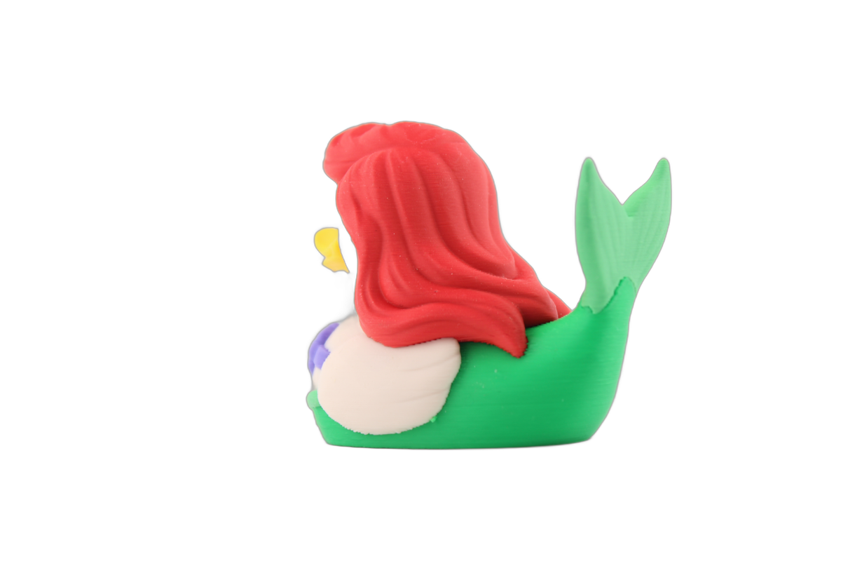 3D printed Ariel duck rear side view with green tail fin, red hair and cream wing detail, made by Erratically Eccentric Creations