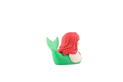 Back view of the 3D printed mermaid princess duck with the green tail fin centered over her red hair