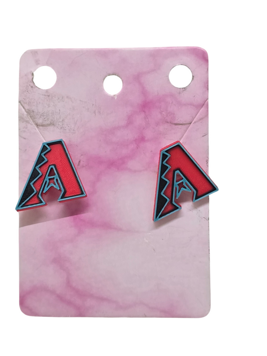 3D printed Arizona Diamondbacks logo stud earrings on a pink marble display card.