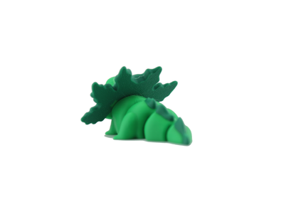 Back view of the 3D printed axolotl flexi figurine with dark green gill frills and bright green body on a white background