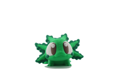 3D printed green axolotl flexi figurine front view with big brown eyes and dark green gill frills, by Erratically Eccentric Creations
