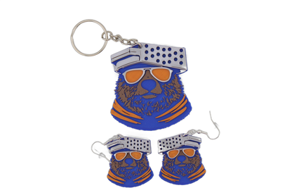 One 3D printed Chicago Bears bear head keychain with two pairs of bear head earrings, showing the full earring and keychain options.