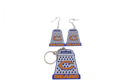 Cheese grater keychain and earring set — 3D printed Chicago Bears designs in blue, white, and orange with the iconic C logo.