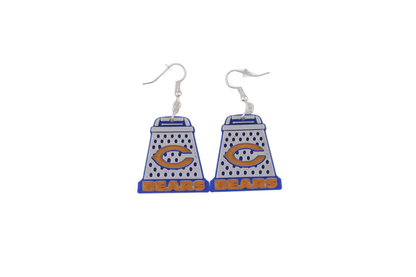 Dainty pair of 3D printed Chicago Bears cheese grater earrings in blue, white, and orange.