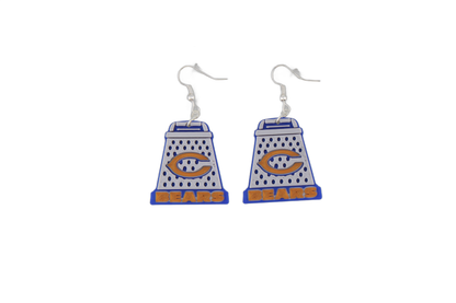 Medium-sized 3D printed cheese grater earrings — Chicago Bears team colors with crisp logo detail.