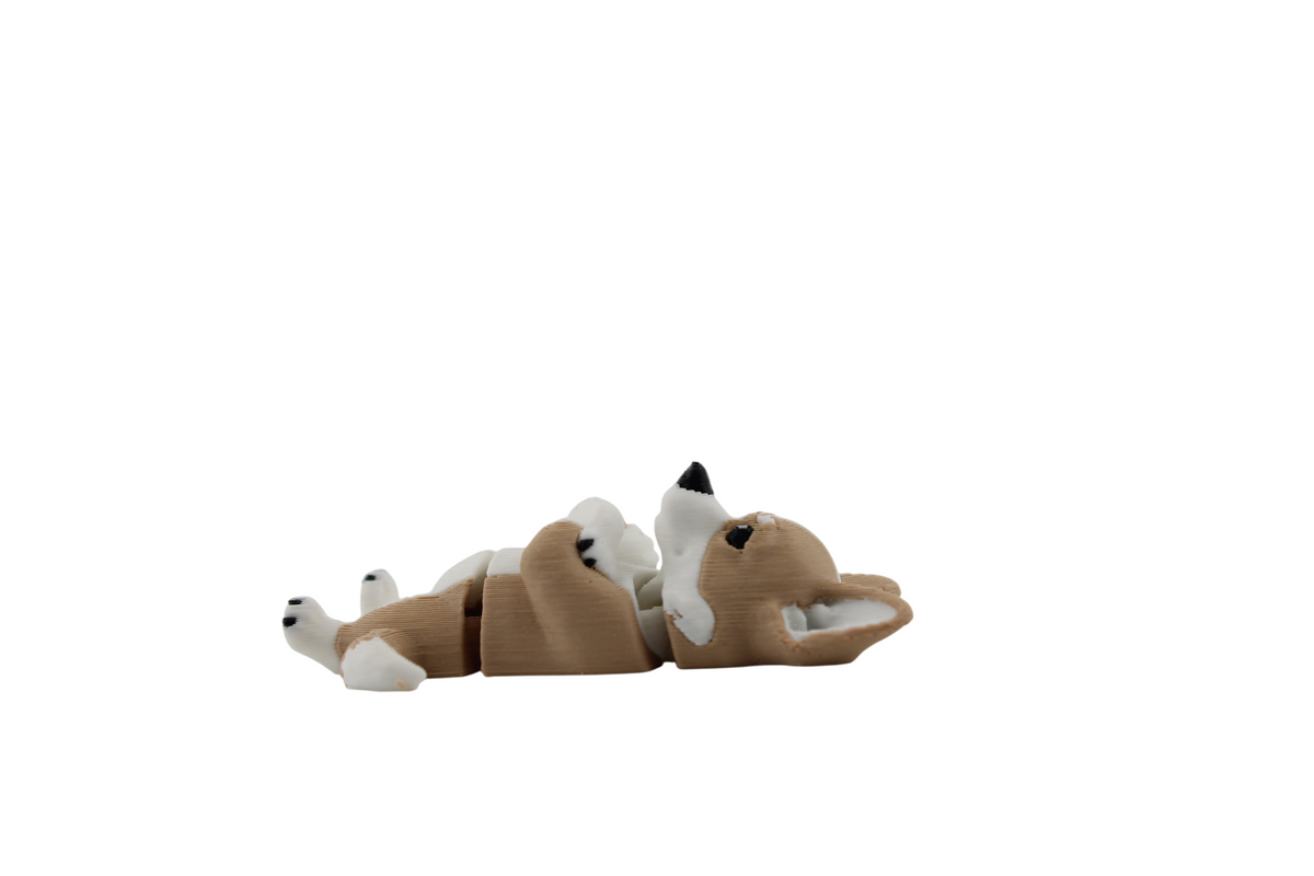 Close side view of a tan and white 3D printed corgi figurine lying on its back with paws tucked near its chest, black eye and nose details and a white-tipped tail, by Erratically Eccentric Creations.