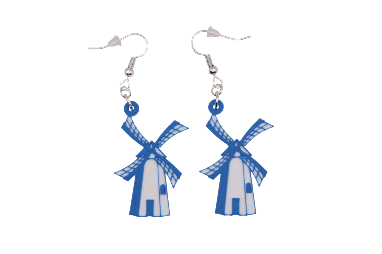 3D printed blue and white Dutch Bros windmill earrings with silver hypoallergenic hooks.