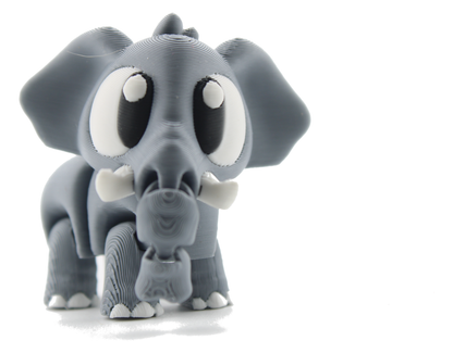 3D printed articulated baby elephant figurine standing and facing the camera, soft gray with big white-and-black eyes, white tusks and a curled trunk, from Erratically Eccentric Creations