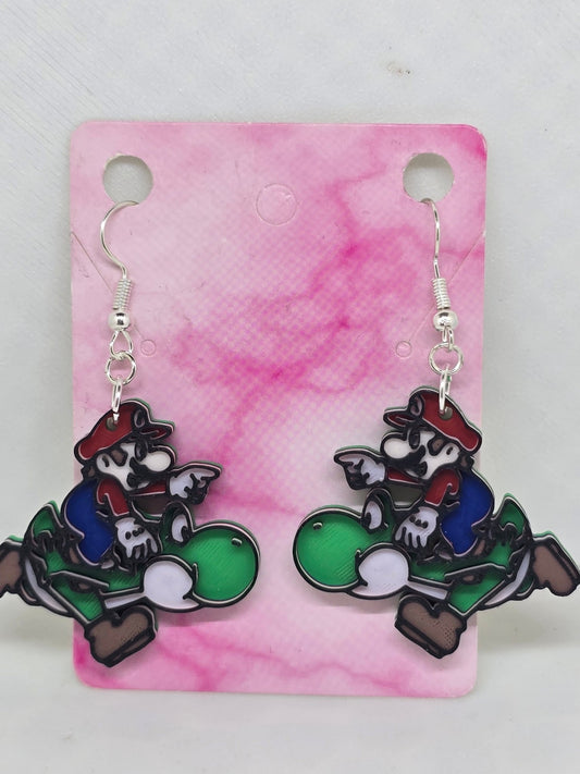 Gamer Mario riding Yoshi Earrings - Erratically Eccentric Creations