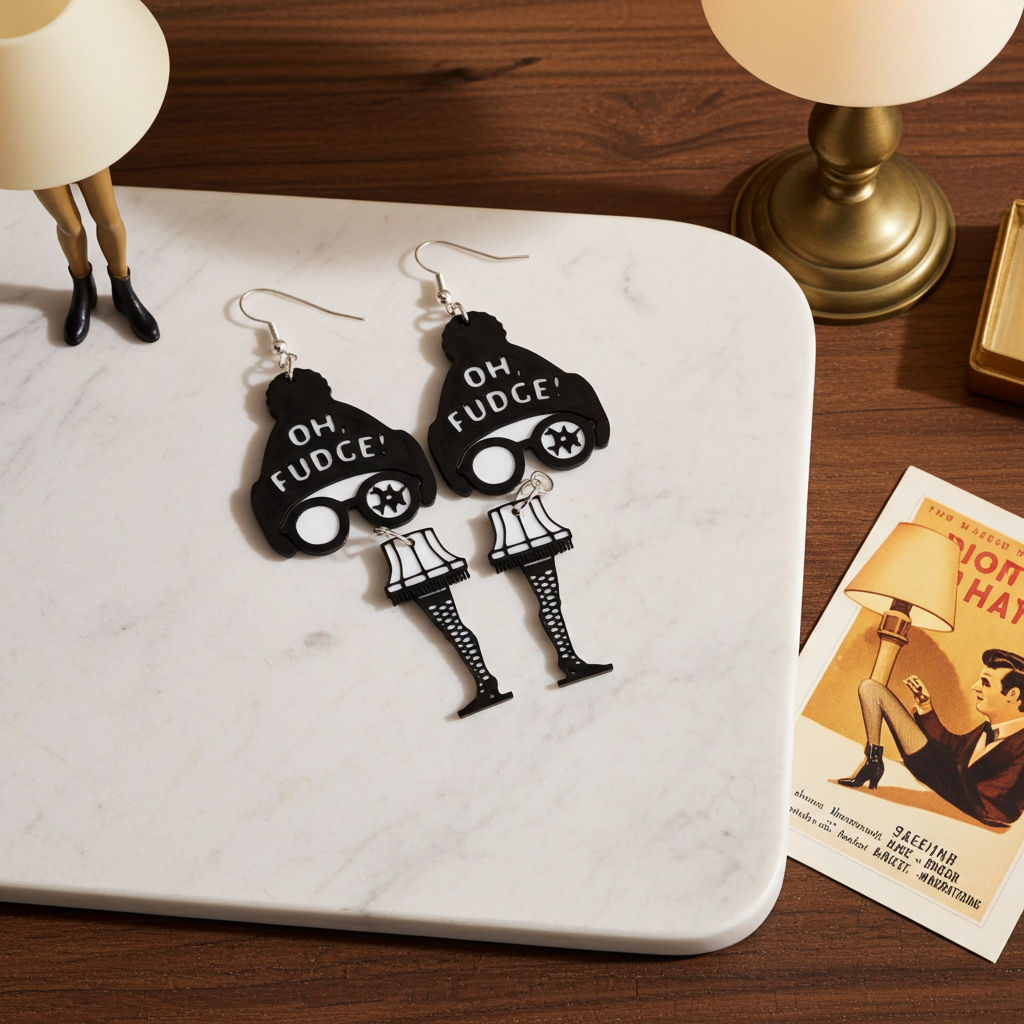 3D printed A Christmas Story earrings featuring the Oh Fudge hat and the iconic Leg Lamp.