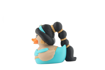3D printed Jasmine duck profile view facing left with orange bill, teal headband and her bubble ponytail arched behind her