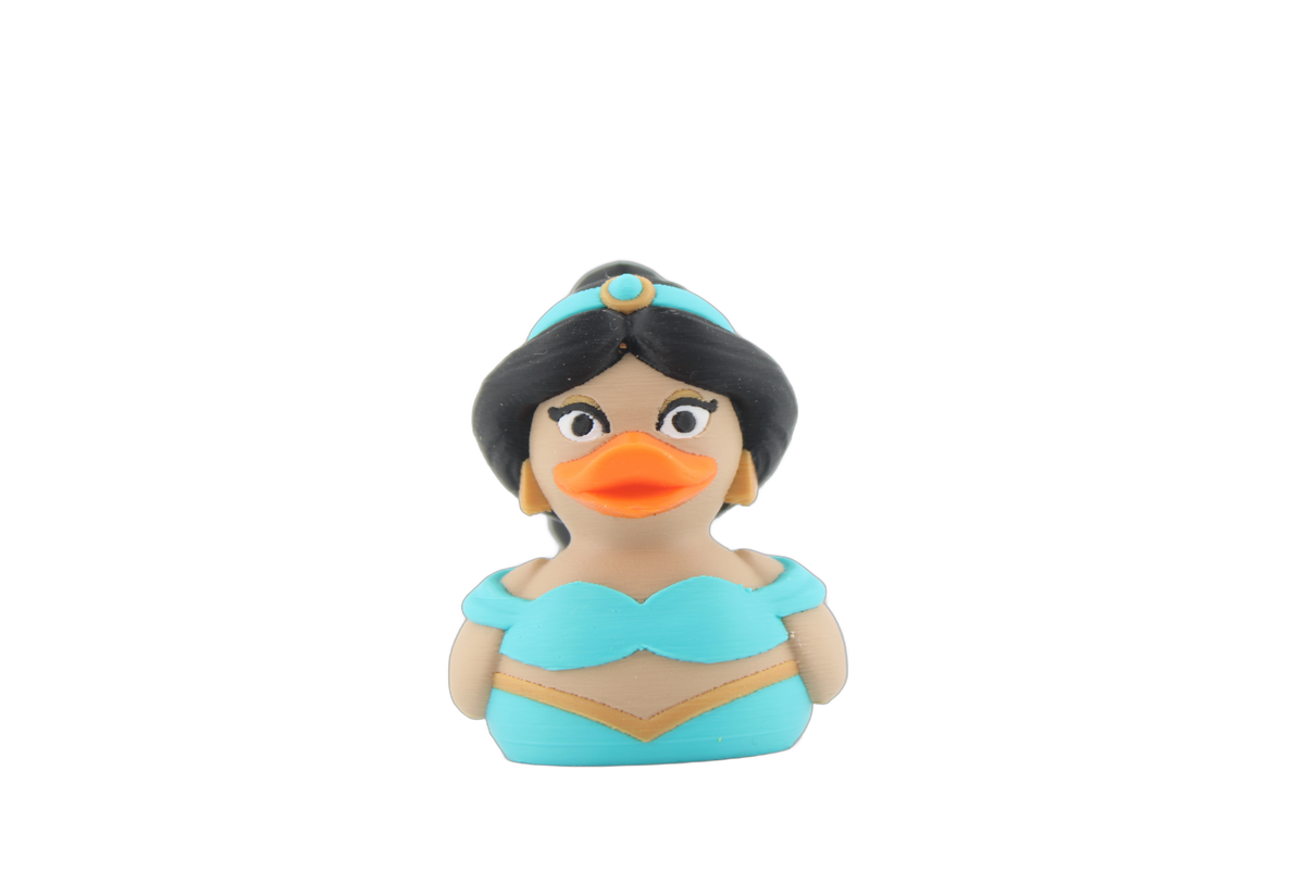3D printed Jasmine duck figurine front view with black hair, teal headband with gold jewel, orange bill and teal outfit with gold trim, by Erratically Eccentric Creations