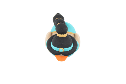 Top-down view of the 3D printed Jasmine duck showing her black hair, teal headband with gold jewel and orange bill