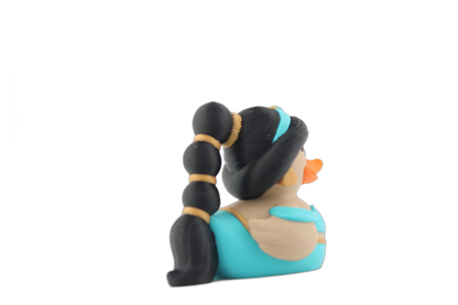 Back three-quarter view of the 3D printed Jasmine duck with her black bubble ponytail down her back and teal outfit, made by Erratically Eccentric Creations