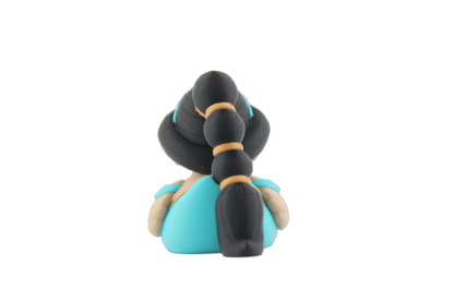 Straight back view of the 3D printed Jasmine duck figurine with gold-banded bubble ponytail and teal body