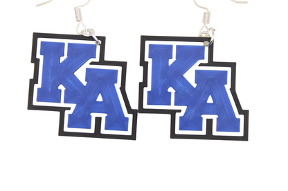 Pair of earrings with blue 'KA' letters on a white background