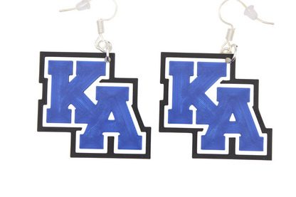 Pair of earrings with 'KA' letters on a white background