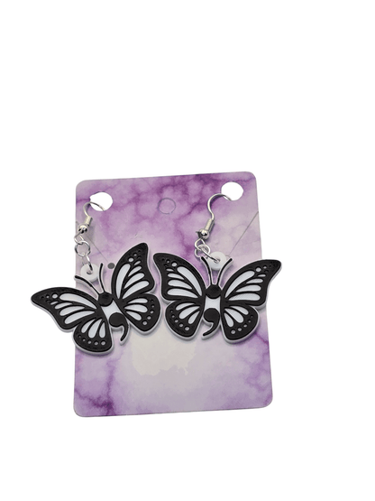 Monarch Black and White Semicolon Earrings - Erratically Eccentric Creations