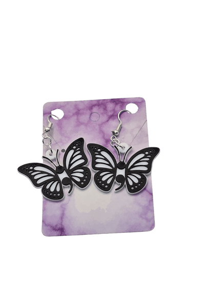 Monarch Black and White Semicolon Earrings - Erratically Eccentric Creations