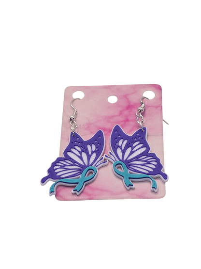 Monarch Side View Purple Teal Ribbon Earrings - Erratically Eccentric Creations