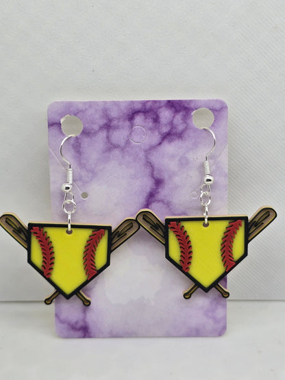 Baseball/Softball Plate and Bat 3D Printed Earrings