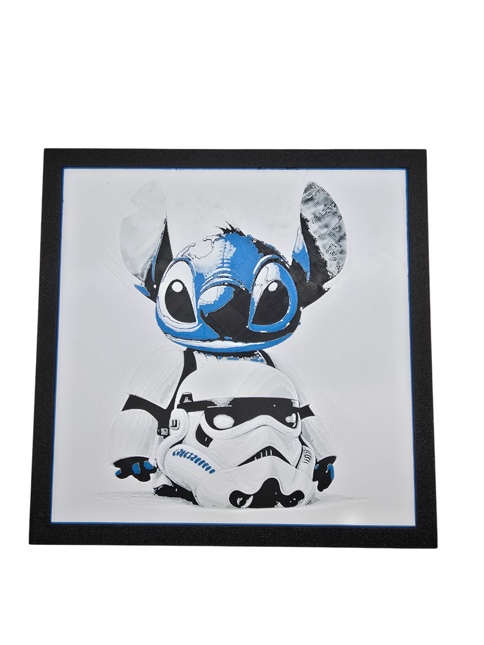 Framed artwork of stitch with a stormtrooper helmet on a white background