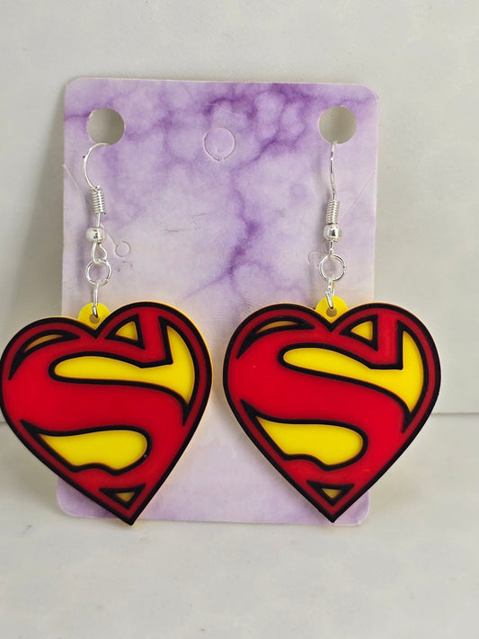 Superman Logo Heart Earrings - Erratically Eccentric Creations