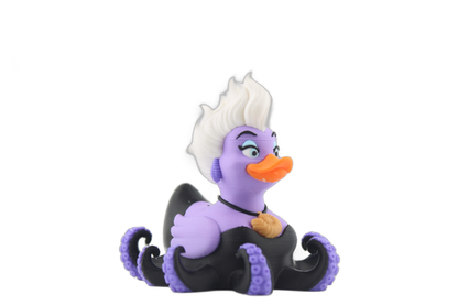 3D printed sea witch duck three-quarter view showing her white hair, lavender body, gold shell necklace and curled black tentacles with purple suckers