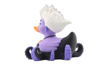 3D printed Ursula duck rear three-quarter view with lavender wing, black tentacle base and purple suckers, made by Erratically Eccentric Creations