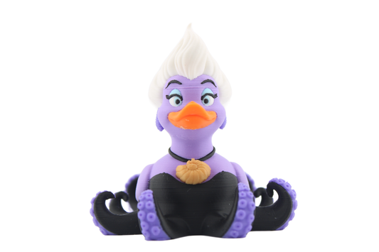 3D printed Ursula duck figurine front view with swept-up white hair, lavender body, orange bill, gold shell necklace and black tentacle base with purple suckers, by Erratically Eccentric Creations